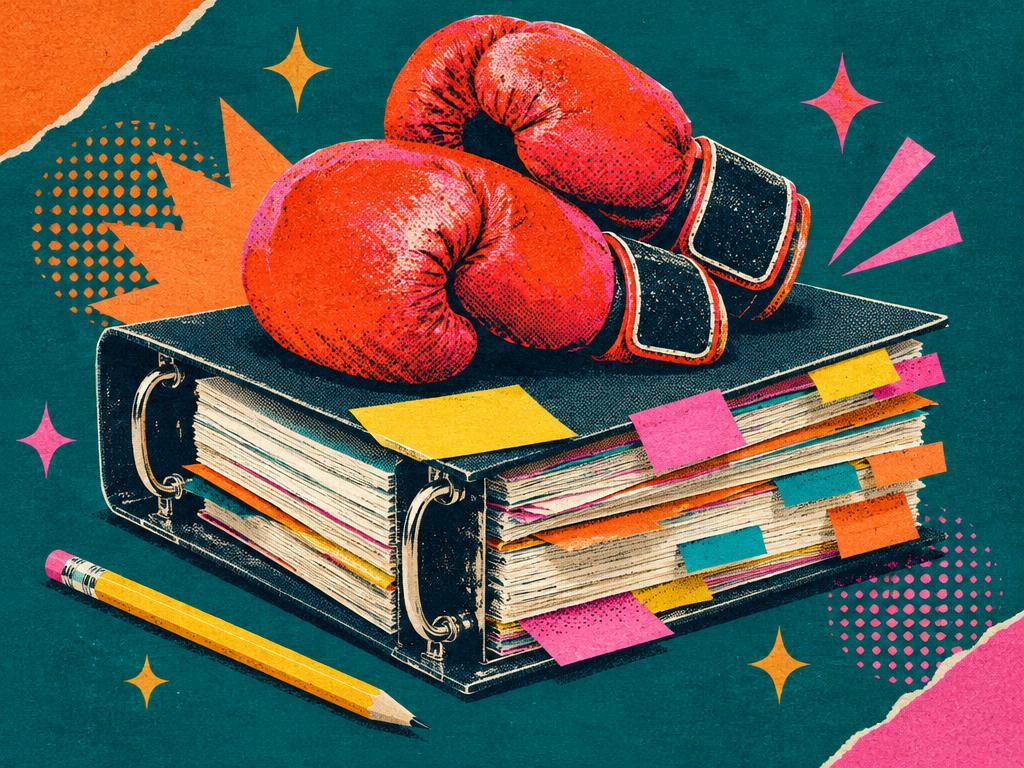 Boxing gloves resting on an overstuffed binder with sticky notes