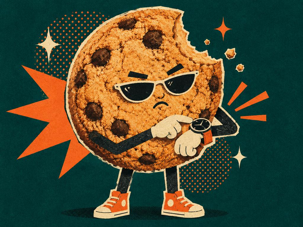 A grumpy cookie in sunglasses tapping its wristwatch