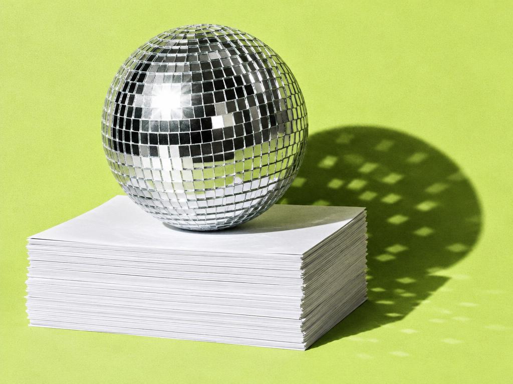 A disco ball on a stack of papers against a bright backdrop