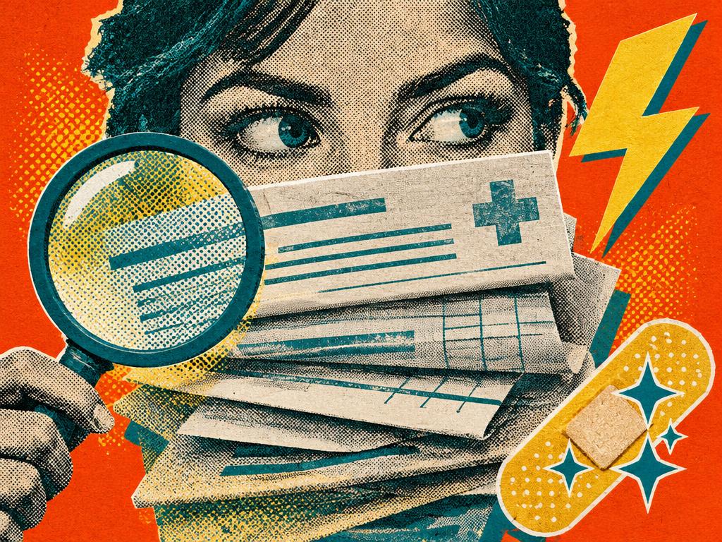 A pair of eyes peering over a stack of paperwork, with a magnifying glass and sparkly bandage