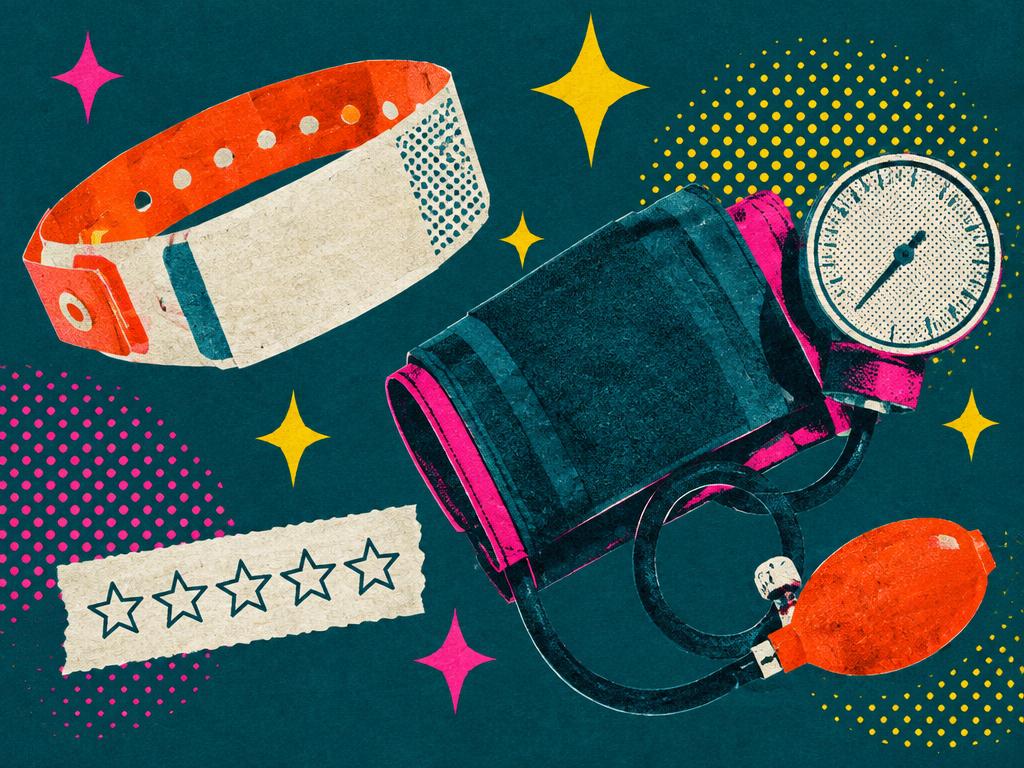 A hospital wristband, blood pressure cuff and a row of empty stars on deep teal