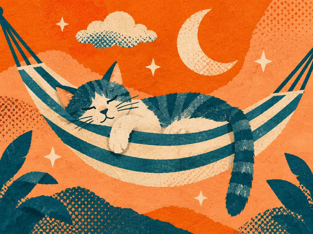 A sleepy cat in a striped hammock under a crescent moon