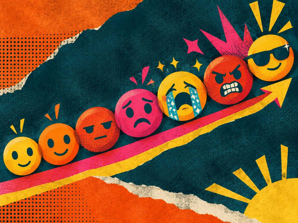 A rising row of pain-scale faces gone rogue, from mild to furious to wearing sunglasses