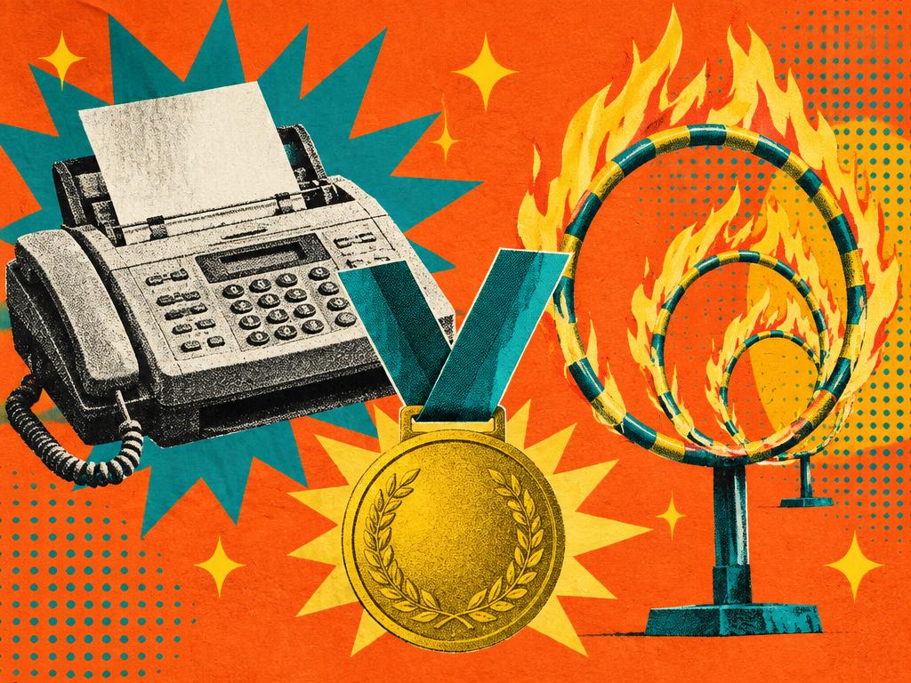A fax machine, gold medal and flaming hoops on a tangerine backdrop