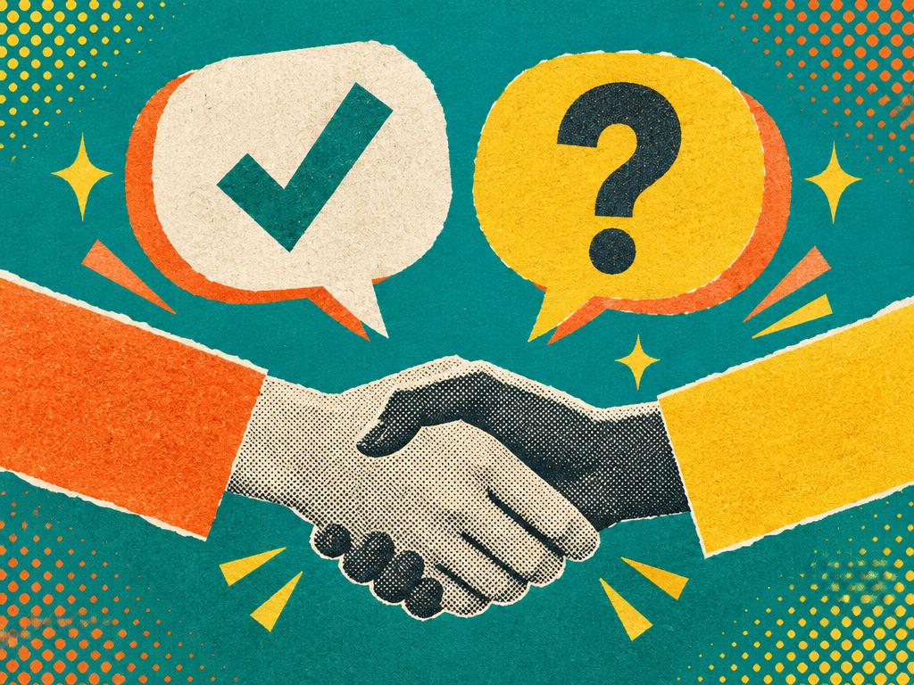 A handshake beneath a checkmark bubble and a question-mark bubble