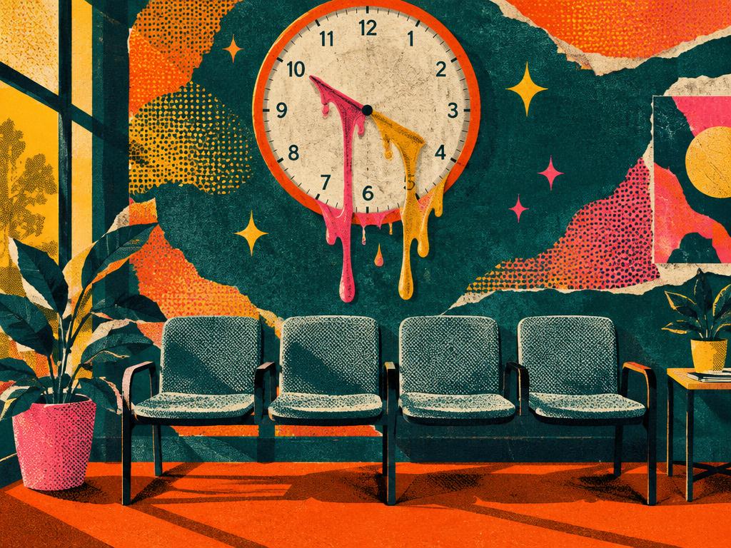 A melting wall clock above a row of empty waiting-room chairs, with sparkles